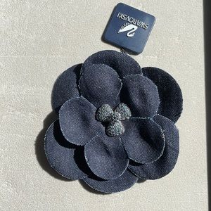 Vintage Swarovski crystal and denim flower Brooche